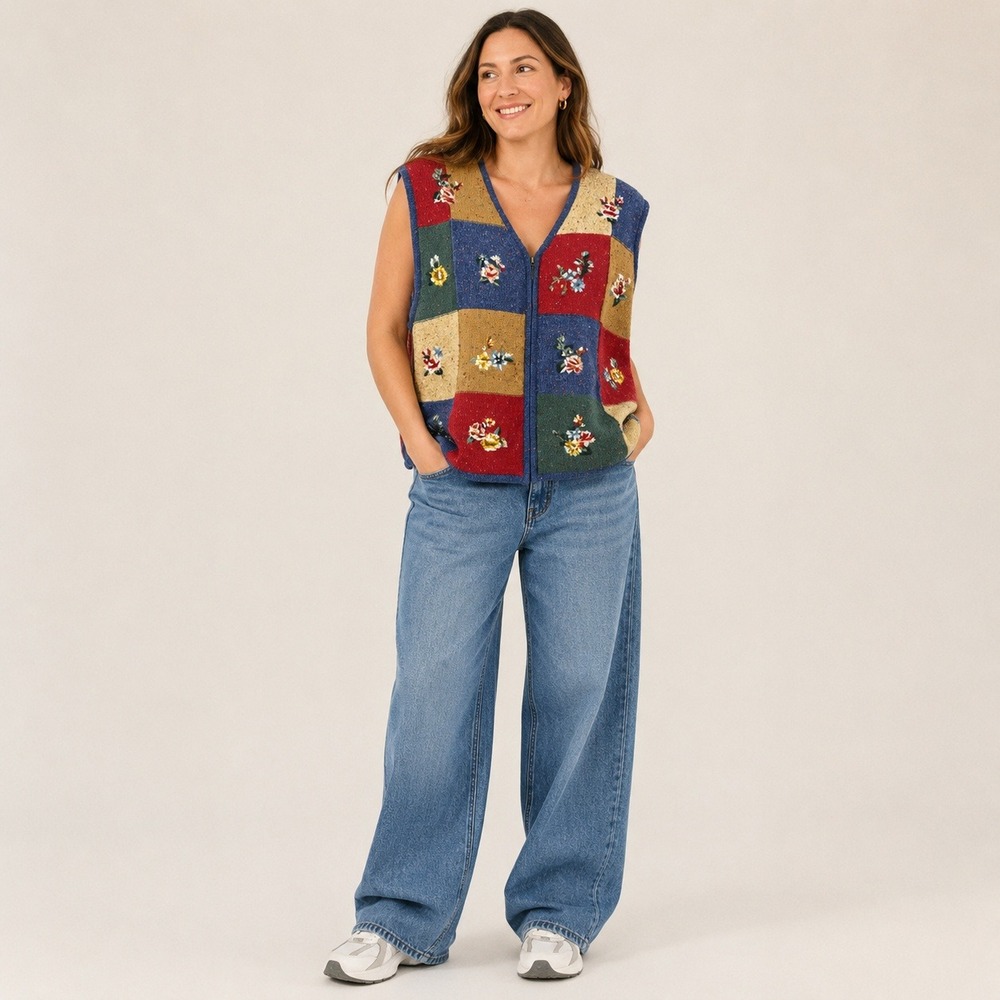 Koret City Blues Sweater Vest Patchwork Floral Embroidered Grandmacore Women XL